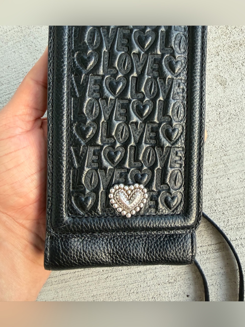 Brighton Leather Phone Crossbody Wallet Bag Black Embossed Love Hearts - Picture 2 of 6